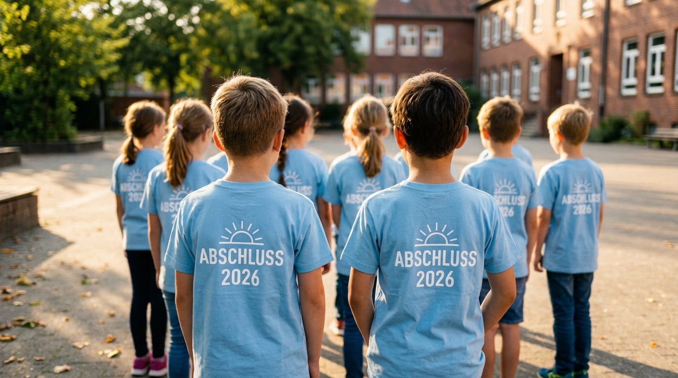 Primary school class seen from behind wearing matching 2026 graduation shirts in the schoolyard – daycare and primary school graduation shirts by Stoff3 Kassel